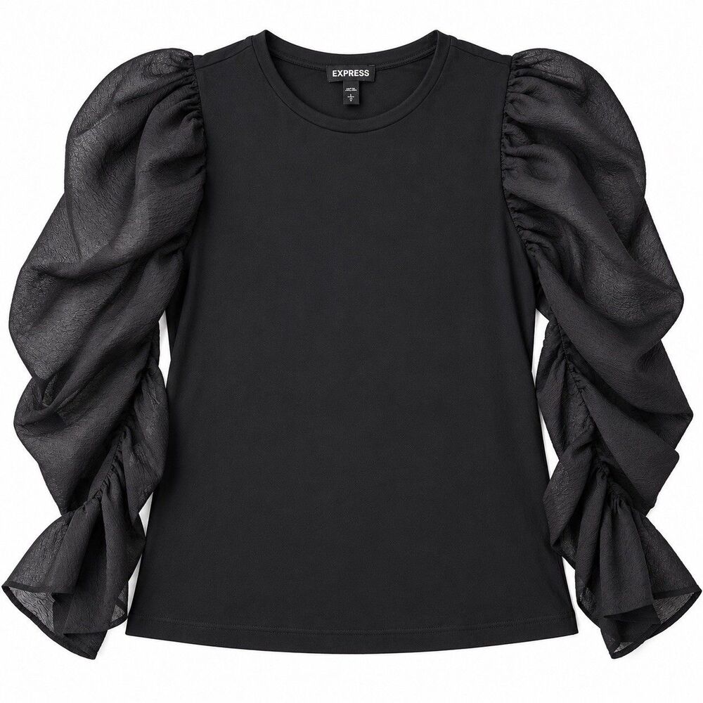 Express Women's Black Mesh Balloon Sleeve Top Long Sleeve L NWT